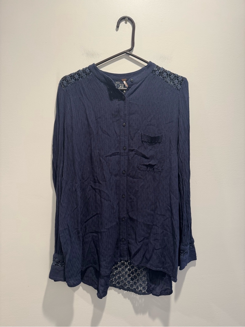 Free People Navy Lace-Inset Button Front Top